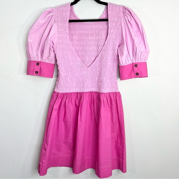 NWT GANNI COLOUR BLOCK Organic COTTON POPLIN SMOCKED MINI DRESS IN PHLOX PINK 38 - Picture 4 of 17